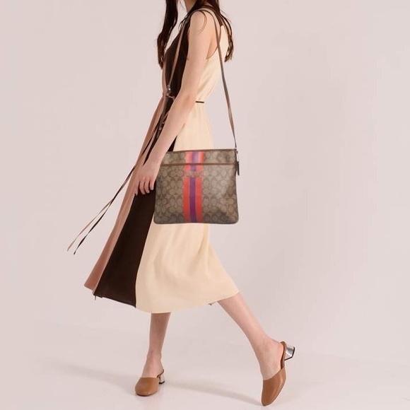 Coach Brown Signature Coated Canvas Varsity Stripe File Messenger Bag - Picture 3 of 14